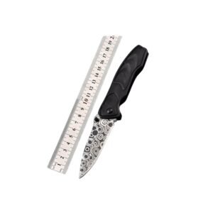 Damascus Pattern Pocket Knife – Tactical EDC Pocket Knife with Black Handle for Outdoor Camping